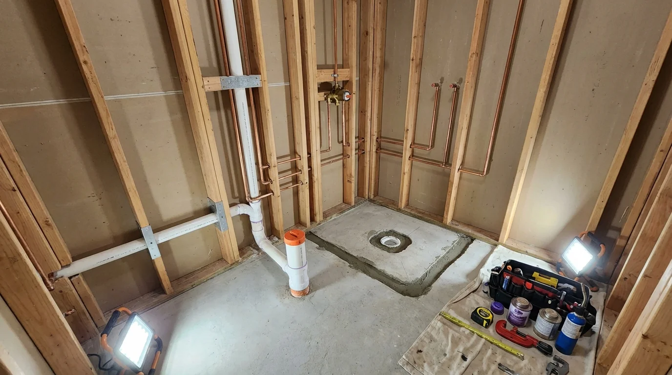 Bathroom rough-in plumbing during remodel by Johns Plumbing LLC in Centre Hall