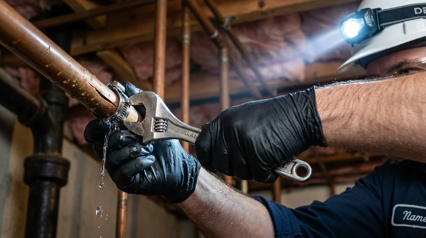 Emergency pipe clamp repair being performed by a Johns Plumbing LLC plumber in Centre Hall