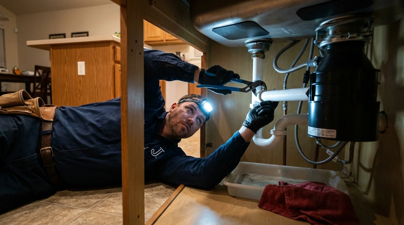 P-trap and supply line connections under a kitchen sink showing a common leak point in Centre Hall, PA